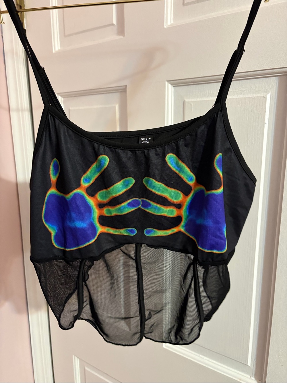 SHEIN Black Mesh Crop Cami with Colorful Heatmap Handprints
